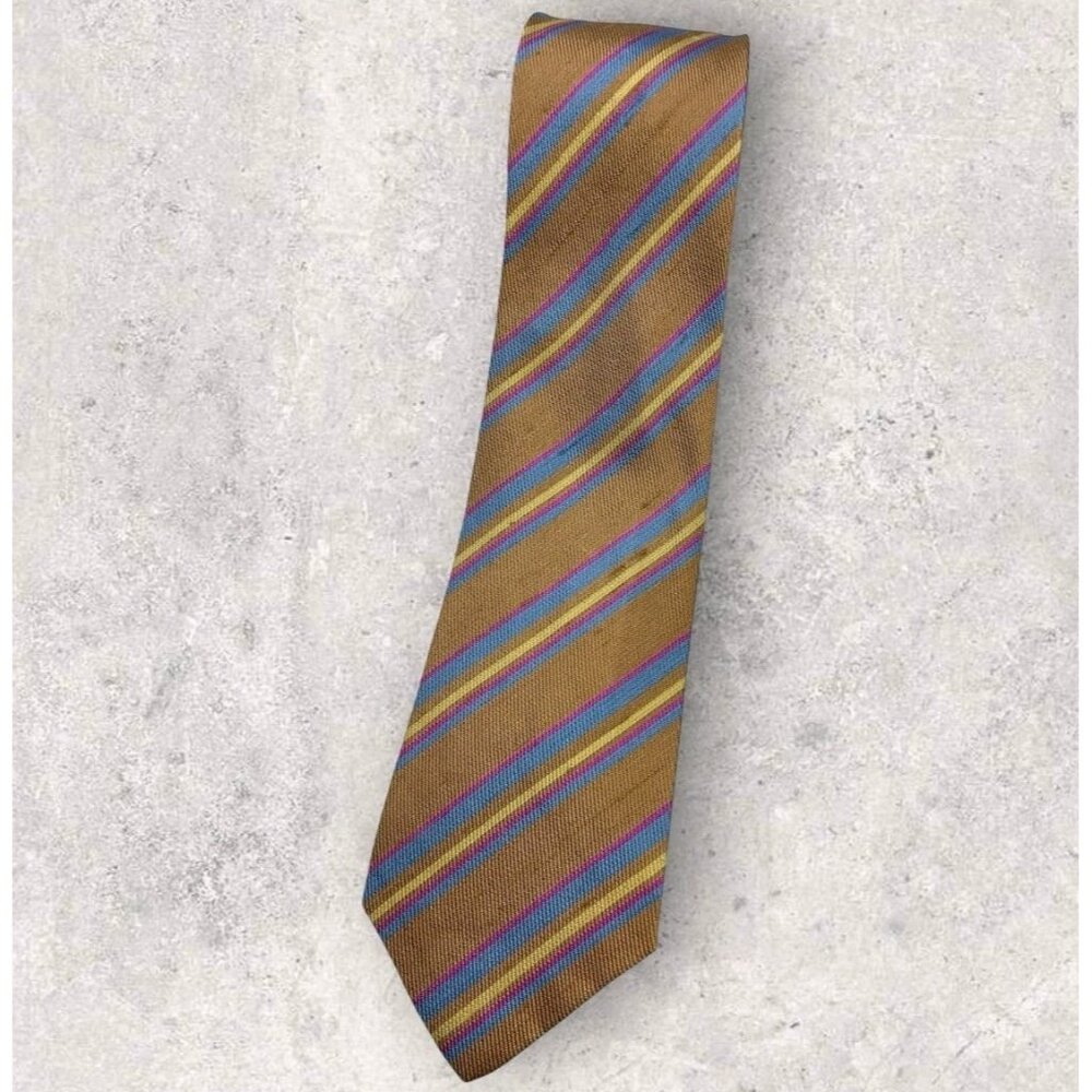EMILIO PUCCI VINTAGE Shantung Silk Tie ITALY Brown Blue Striped W:3.1" EUC